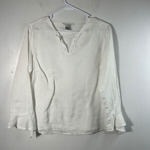Womens Jillian Jones V Neck Linen‎ Tunic White S Long Bell Sleeve